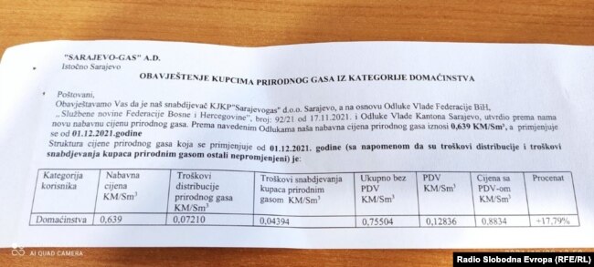 Uz novembarski račun kupcima u Istočnom Sarajevu je stiglo obavještenje u kojem se navodi kako će cijena gasa biti veća za 18% od 1.decembra 2021.