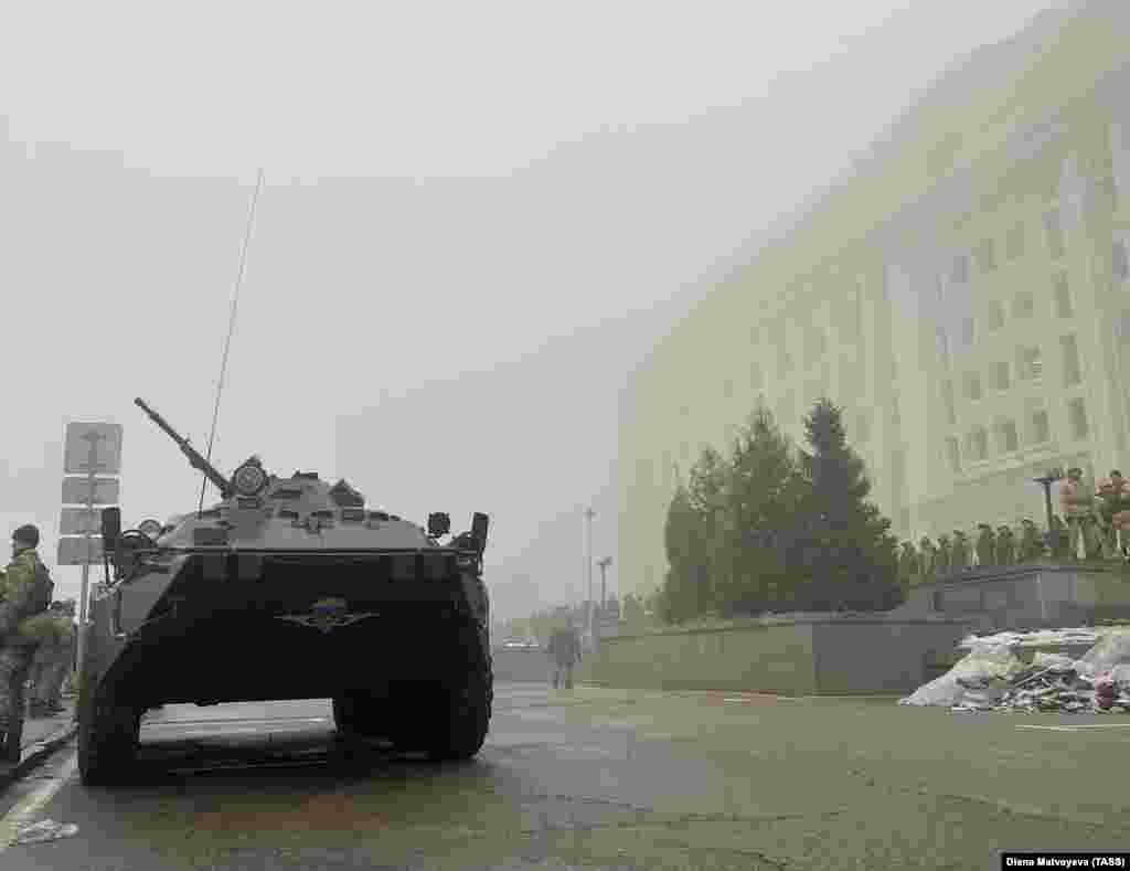 A military vehicle in central Almaty on January 5.&nbsp;