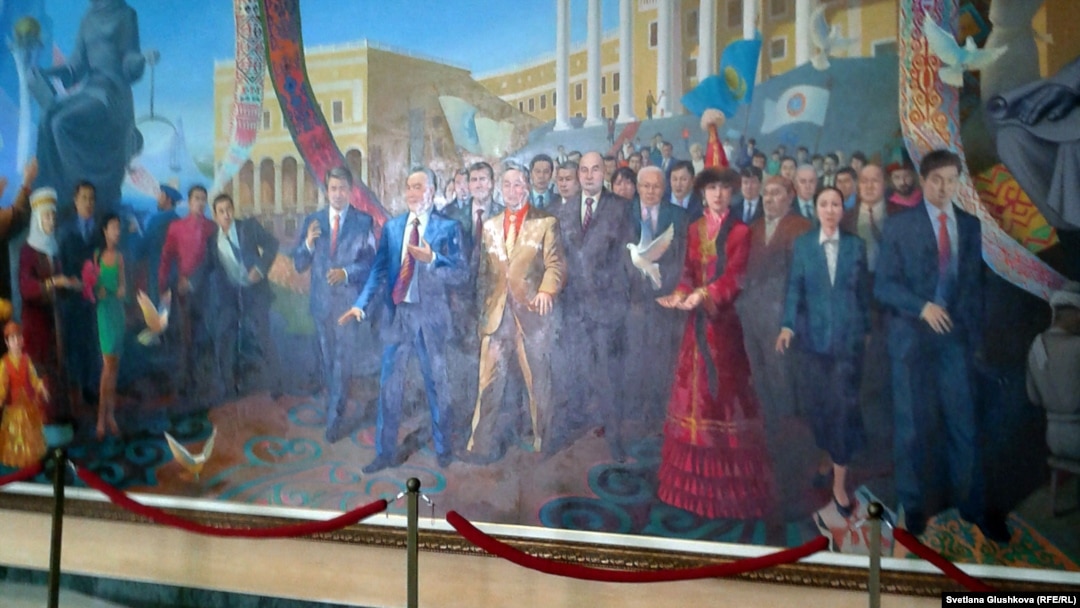 This painting featuring President Nursultan Nazarbaev in the hall of the Kazakh Humanitarian Law University in Astana has yet to be officially revealed, officials say.