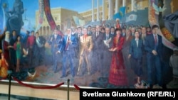 This painting featuring President Nursultan Nazarbaev in the hall of the Kazakh Humanitarian Law University in Astana has yet to be officially revealed, officials say.