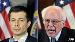 Pete Buttigieg (stânga), fost primar în South Bend, Indiana și senatorul din Vermont, Bernie Sanders