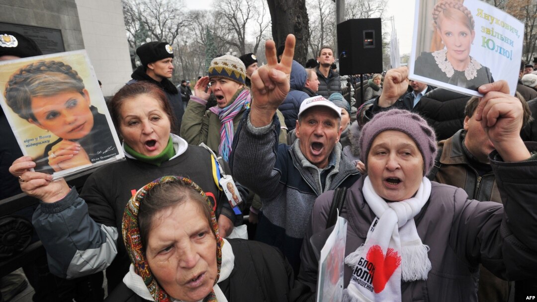 Opposition activists hold portraits of jailed Ukrainian opposition leader Yulia Tymoshenko during a rally held outside the parliament in Kyiv on November 13.