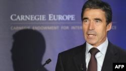 NATO Secretary-General Anders Fogh Rasmussen speaks at a press conference on NATO-Russia relations in Brussels.