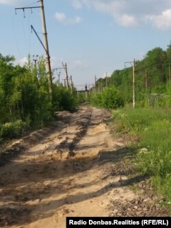 Видно, як насипана дорога перерізає недіючі залізничні колії. На задньому плані зруйнований Путилівський міст. Травень 2021 року