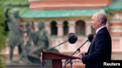 Russian President Vladimir Putin delivers a speech during a military parade marking the 81st anniversary of the victory over Nazi Germany in Red Square, Moscow, May 9, 2026,