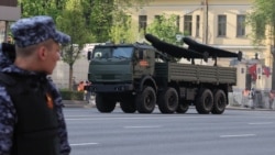 An armored truck transports Geran attack drones during rehearsals for Victory Day celebrations in Moscow on May 7, 2025. Iran provided Russia with technology and training, and a plant at Alabuga in Russia's Tatarstan region is churning out Gerans.