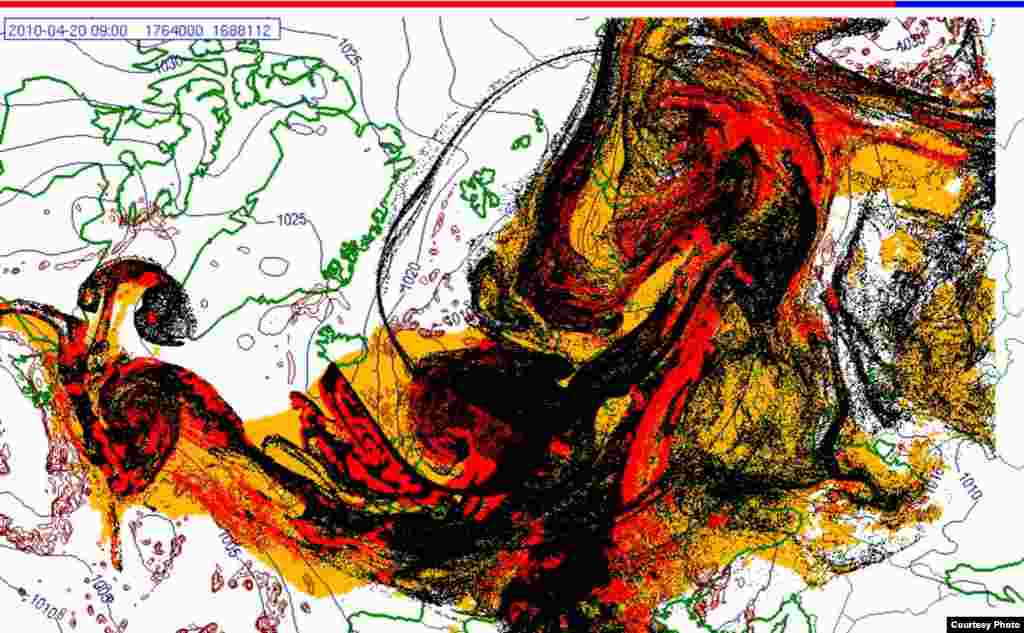 Проектирано движење на исландскиот облак од пепел (20.4. 0900 UTC) - Овие слики покажуваат проекција на движењето на облаците пепел од вулканска ерупција на Исланд низ Европа. Боите на сајтот претставуваат: жолто: пепел што ќе падне сам по себе црвено: пепел што ќе падне од врнежи црна: вистинскиот облак со пепел облак Извор: Норвешки Метеоролошки Институт