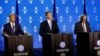 ESTONIA -- (L-R) President of the European Council Donald Tusk, Estonia's Prime Minister Juri Ratas and President of the European Commission Jean-Claude Juncker attend a news conference during the European Union Tallinn Digital Summit in Tallinn, Estonia,