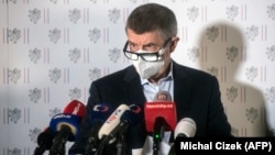 Czech Prime Minister Andrej Babis addresses the media on April 17, where it was announced that Prague would expel 18 Russian diplomats.