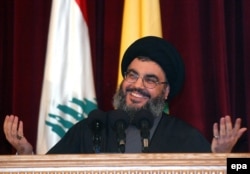 Nasrallah speaks during a press conference in Beirut during the Second Lebanon War in July 2006.