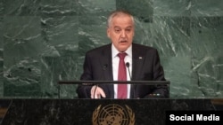 Tajik Foreign Minister Sirojiddin Muhriddin speaks at the United Nations General Assembly on September 24.