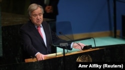 Sekretari i Përgjithshëm i Kombeve të Bashkuara, Antonio Guterres, gjatë fjalimit të tij në selinë e OKB-së në Nju Jork. 20 shtator 2022.
