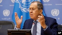 Russian Foreign Minister Sergei Lavrov holds a news conference on the sidelines of the 77th session of the United Nations General Assembly at UN headquarters in New York in September.