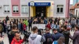 KOSOVO-Parents protesting in front of one of the elementary schools in Prishtina