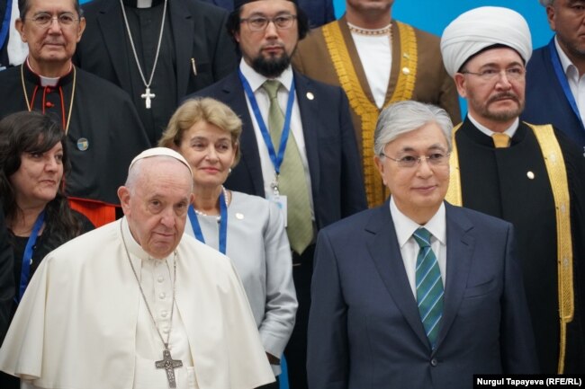 Pope Francis (left) with President Toqaev at the Congress of Leaders of World and Traditional Religions in Nur-Sultan on September14.