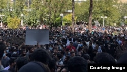 Students from the Tehran Polytechnic university protest in the streets of the capital on September 19 against the death of 22-year-old Mahsa Amini. 