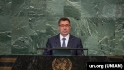 Президент Садыр Жапаров выступает на всеобщих дебатах 77-й сессии Генеральной Ассамблеи ООН. 20 сентября 2022 года. 