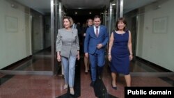 Armenia - U.S. House Speaker Nancy Pelosi visits the Armenian Defense Ministry for talks with Defense Minister Suren Papikian (center), September 18, 2022.