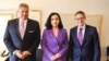 The U.S. special envoy for the Western Balkans, Gabriel Escobar (left), and State Department Counselor Derek Chollet (right) -- pictured here with Kosovar President Vjosa Osmani -- are expected in Pristina on December 12. (file photo)