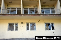 Broken windows on a sanatorium building in Jermuk on September 15.