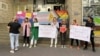 Rights campaigners and LGBT activists protest against the ban on the EuroPride walk in Belgrade on September 13. 