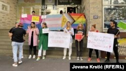 Rights campaigners and LGBT activists protest against the ban on the EuroPride walk in Belgrade on September 13. 