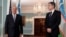 Uzbek Foreign Minister Abdulaziz Kamilov (left) and U.S. Secretary of State Antony Blinken face reporters as they meet at the State Department in Washington on July 1.