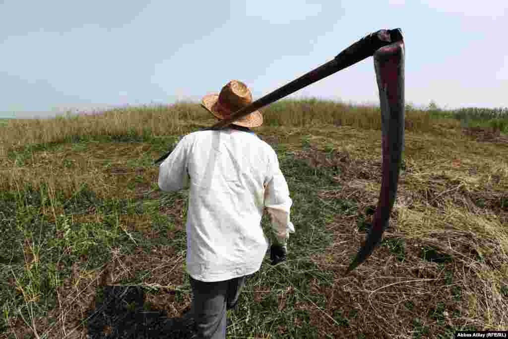 Armed with a scythe, this man is heading out to cut the grass.&nbsp;