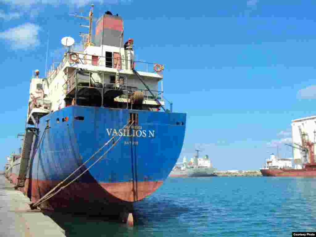 The "Vasilios N" cargo ship - The Georgian-flagged vessel set sail for the Libyan port of Misurata in April 2010. Upon arrival, it was detained by port authorities after a Libyan client complained the ship's cargo of cement powder had been damaged in a storm. The ship and its Georgian, Ukrainian, and Azerbaijani crew were held in Misurata for the next 11 months.