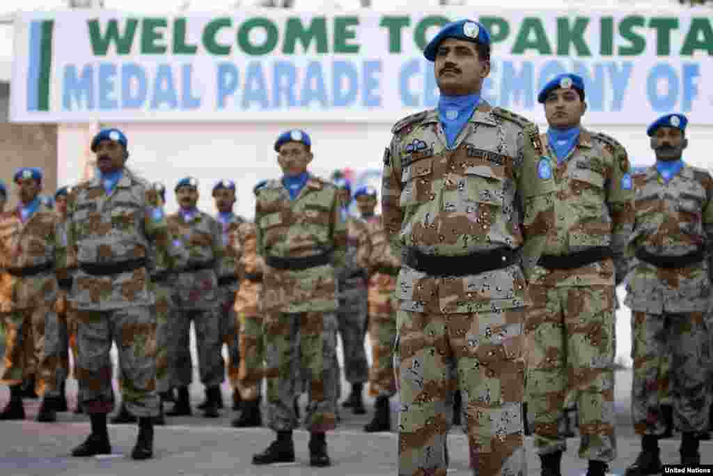 Pakistani soldiers receive the UN medal of recognition for their contribution to the United Nations mission in Haiti.