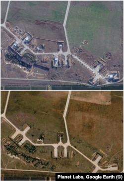 A section of the Hvardiyske airfield seen on October 11, 2026 (top) and June 2024.