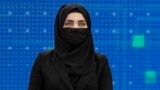 Thamina Usmani, a female presenter for Tolo News, covers her face in a live broadcast at the Tolo TV station in Kabul. (file photo)