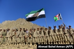 Anti-Taliban forces take part in military training in the Dara district in Panjshir Province in September 2021.