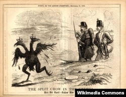 Карикатура из лондонского журнала "Панч". Сдача Севастополя. Один союзный солдат другому: "Этой вороне здорово досталось! Добей ее!"