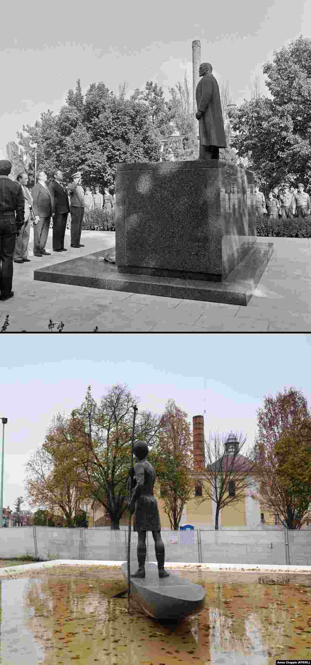 Szolnok 1977-2019 A Lenin monument erected in the 1960s in the eastern town of Szolnok (top). The Soviet leader was replaced with an installation representing a scene from the riverside town’s early history. In 2013, the Lenin was photographed lying on his back in an unknown location. The chimney in the background was shortened sometime since the 1970s. 1977 photo: Fortepan/MHSZ