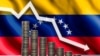 The graph of the fall. White arrow pointing down against the backdrop of coins and the flag of Venezuela - Illustration
