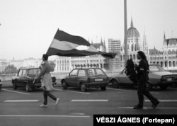 A man wields a Hungarian flag with the communist emblem removed in 1990. A few months earlier, Hungary held its first democratic elections in nearly half a century. Soviet troops left Hungary the following year.