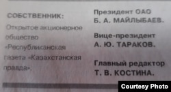 Фрагмент выходных данных газеты «Казахстанская правда» в бытность Баглана Майлыбаева руководителем этой газеты.