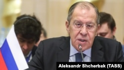 AZERBAIJAN -- Russian Foreign Minister Sergei Lavrov attends a ministerial meeting of the Organization of the Black Sea Economic Cooperation (BSEC). in Baku, December 14, 2018
