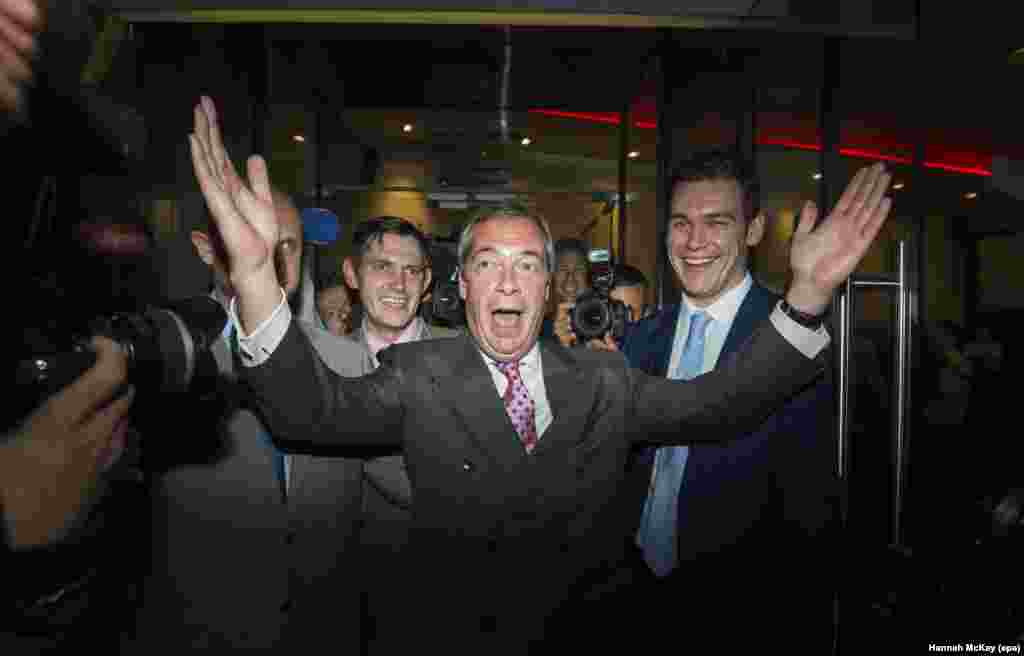 Nigel Farage, the leader of the U.K. Independence Party (UKIP), celebrates in London after British voters cast their ballots in favor of leaving the EU in the Brexit referendum on June 23. (epa/Hannah McKay)