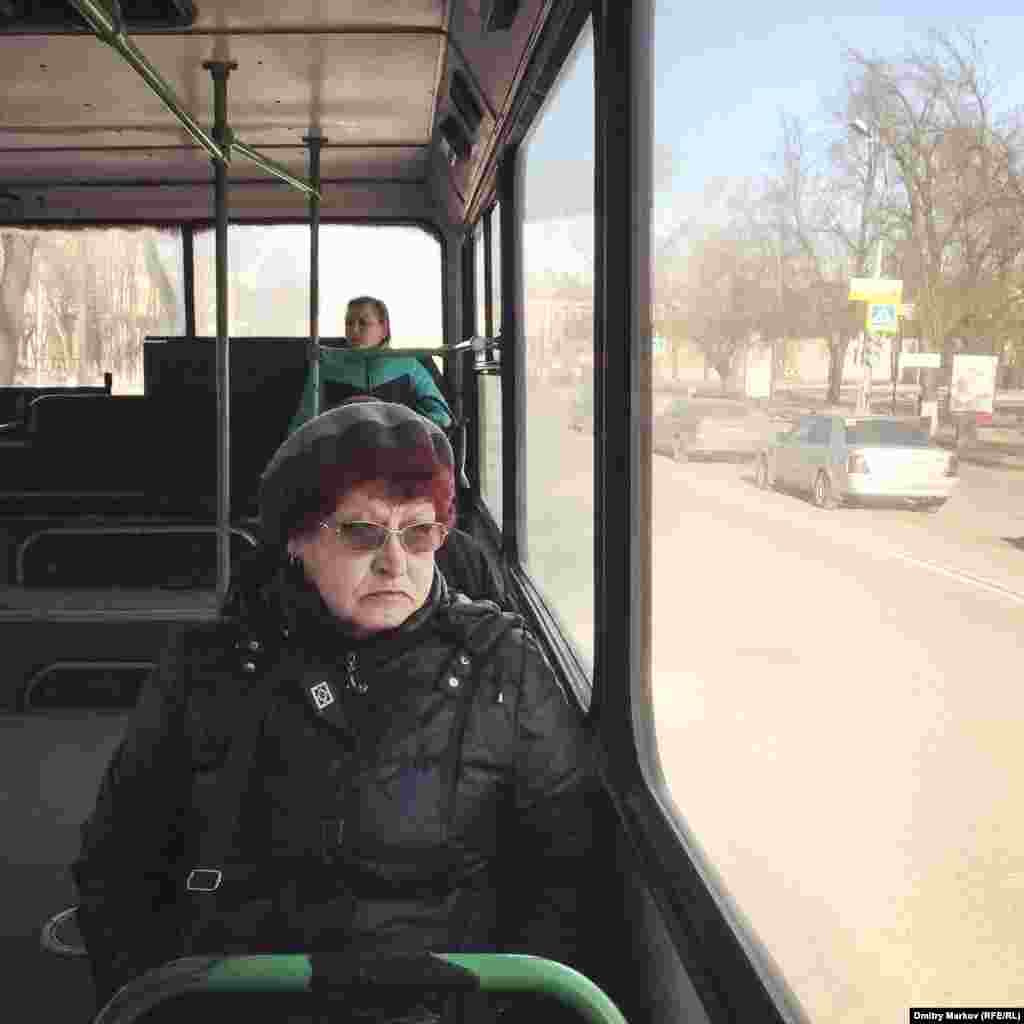 Inside a city bus. Markov says the bright spring weather played a large part in election turnout in the town.&nbsp;