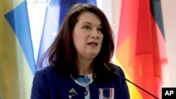 The Foreign Minister of Sweden, Ann Linde, speaks during a joint press conference with German Foreign Minister Heiko Maas as part of a meeting of the members of the 'Stockholm Initiative for Nuclear Disarmament and the Non-Proliferation Treaty' in Berlin,