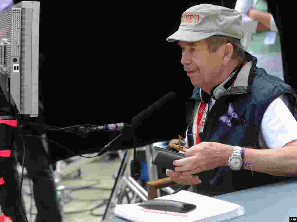 Havel watches on set during the shooting of his film ''Leaving'' in the village of Ceska Skalice in July 2010.