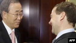 Russian President Dmitry Medvedev (right) greets UN Secretary-General Ban Ki-moon in Gorki on April 22.