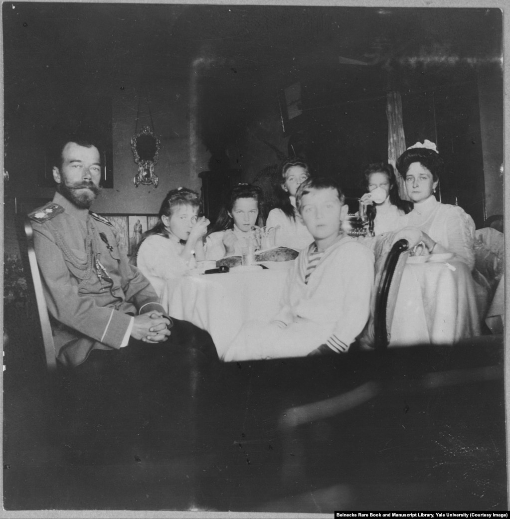 Nicholas II and his wife, Empress Aleksandra (far right), with their four daughters and son. The tsar was forced to abdicate in 1917 and he and his family were shot and stabbed to death by Bolshevik troops, in 1918, before their bodies were doused in acid and dumped into a mine shaft.