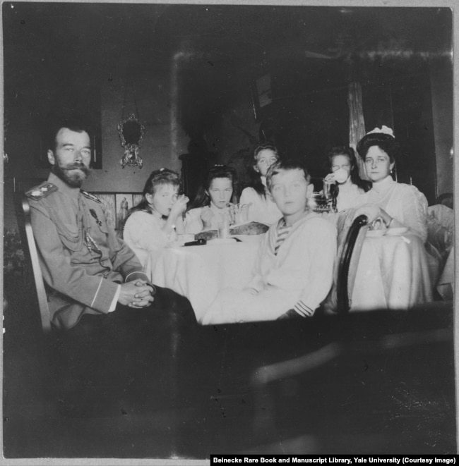 Nicholas II and his wife, Empress Aleksandra (far right), with their four daughters and son. The tsar was forced to abdicate in 1917 and he and his family were shot and stabbed to death by Bolshevik troops, in 1918, before their bodies were doused in acid and dumped into a mine shaft.