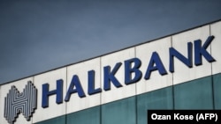 TURKEY -- (FILES) This file photo taken on December 2, 2017 shows the logo of the Turkish Halkbank in Istanbul.