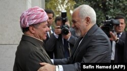 File photo:IRAQ -- Kurdistan Democratic Party (KDP) Masud Barzani (L), welcomes Iranian Foreign Minister Mohammad Javad Zarif in Irbil, the capital of the Kurdish autonomous region, January 15, 2019