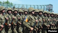 Nagorno- Karabakh - Soldiers march in a military parade in Stepanakert, 9May2012.