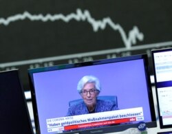 Телевізійна трансляція виступу президентки Європейського центрального банку на компьютері на Франкфуртській біржі. 12 березня 2020 року